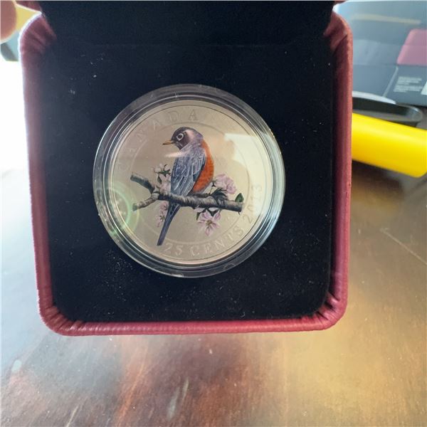 2013 Canada 25 Cents Coloured Coin American Robin in Case