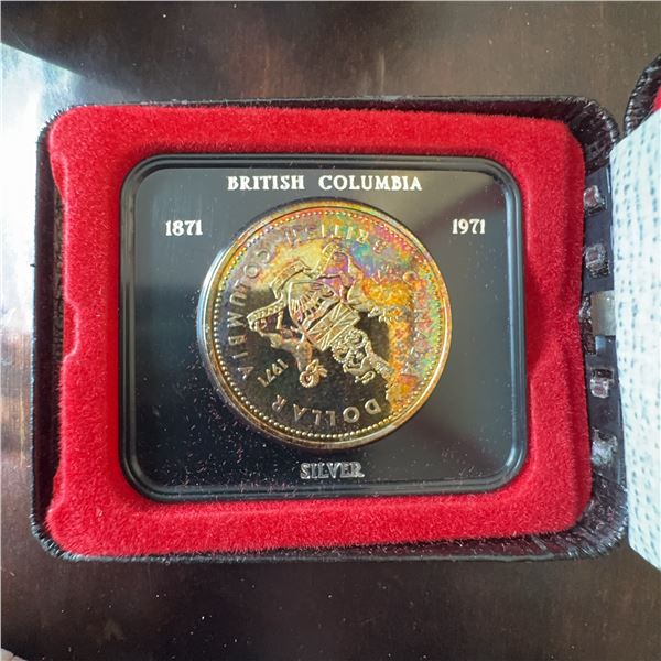 1971 British Columbia Centennial Silver Dollar Coin, 50% Silver, 0.375 ozt, Rainbow Toning