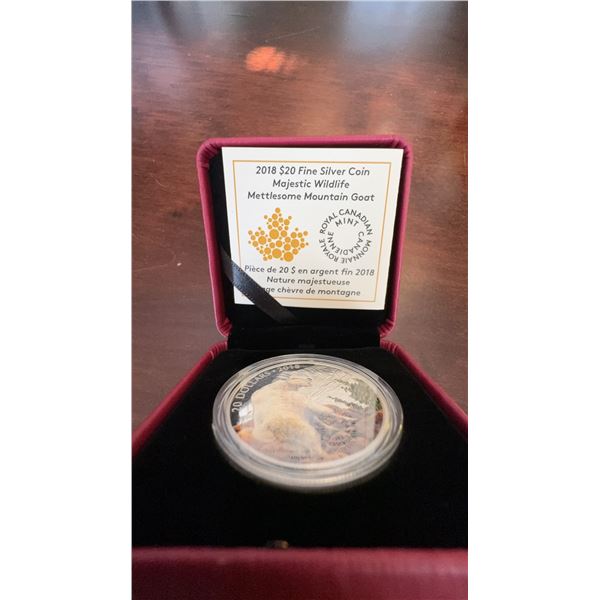 2018 $20 Fine Silver Coin Majestic Wildlife Mettlesome Mountain Goat, RCM, 31.39g