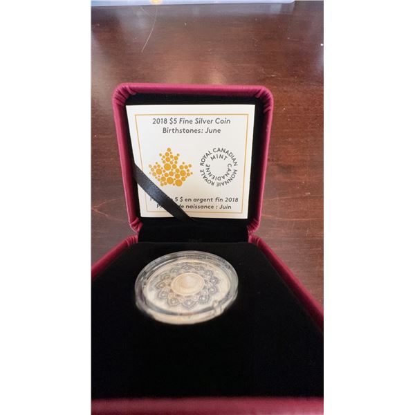 2018 $5 Fine Silver Coin Birthstones June Royal Canadian Mint with Swarovski Crystal