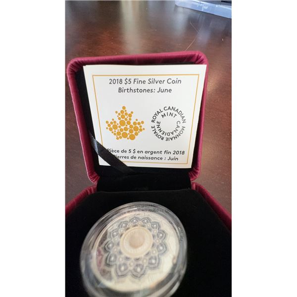 2018 $5 Fine Silver Coin Birthstones June Royal Canadian Mint with Swarovski Pearl