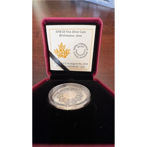 2018 $5 Fine Silver Coin June Birthstone Royal Canadian Mint with Swarovski Crystal