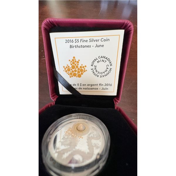 2016 $5 Fine Silver Coin Birthstones June by Royal Canadian Mint with Opal and Box