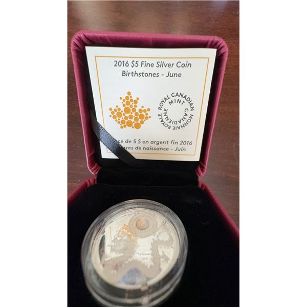 2016 Royal Canadian Mint $5 Silver Coin Birthstones June with Swarovski Crystal