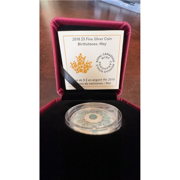 2018 Royal Canadian Mint $5 Fine Silver Birthstones May Coin w/ Swarovski Crystal