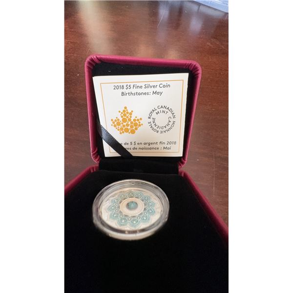 2018 $5 Fine Silver Coin Birthstones May by Royal Canadian Mint with Swarovski Emerald