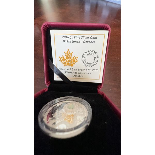 2016 $5 Fine Silver Coin Birthstones October Royal Canadian Mint 99.99% Silver