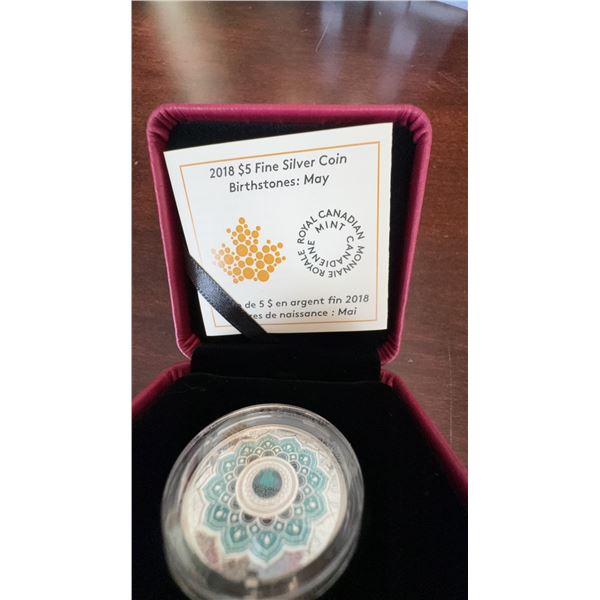 2018 $5 Fine Silver Coin Birthstones May Royal Canadian Mint w/ Swarovski Crystal