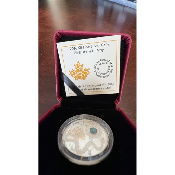 2016 Royal Canadian Mint $5 Fine Silver Coin Birthstones May with Emerald Swarovski