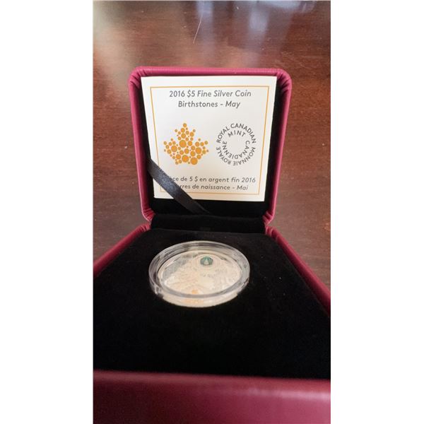 2016 $5 Fine Silver Coin Birthstones May Emerald Swarovski Royal Canadian Mint