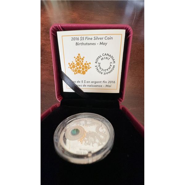 2016 $5 Fine Silver Coin Birthstones May, Royal Canadian Mint, 99.99%, Swarovski Gem