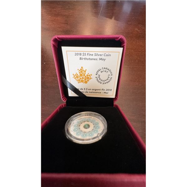 2018 $5 Fine Silver Coin Birthstones May With Swarovski Crystal, Box and COA