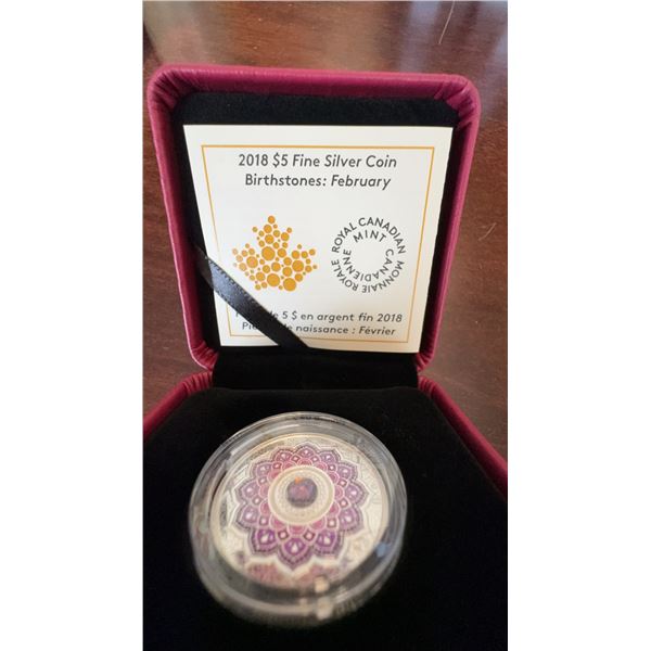 2018 $5 Fine Silver Coin Birthstones February Amethyst Swarovski RCM