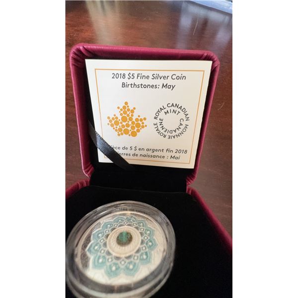 2018 $5 Canadian Silver Birthstones Coin May Swarovski Crystal 27mm 7.96g