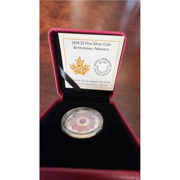 2018 $5 Fine Silver Coin Birthstones February, Swarovski Crystal, Royal Canadian Mint