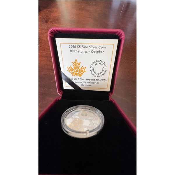 2016 $5 Fine Silver Coin Birthstones October Royal Canadian Mint in Case
