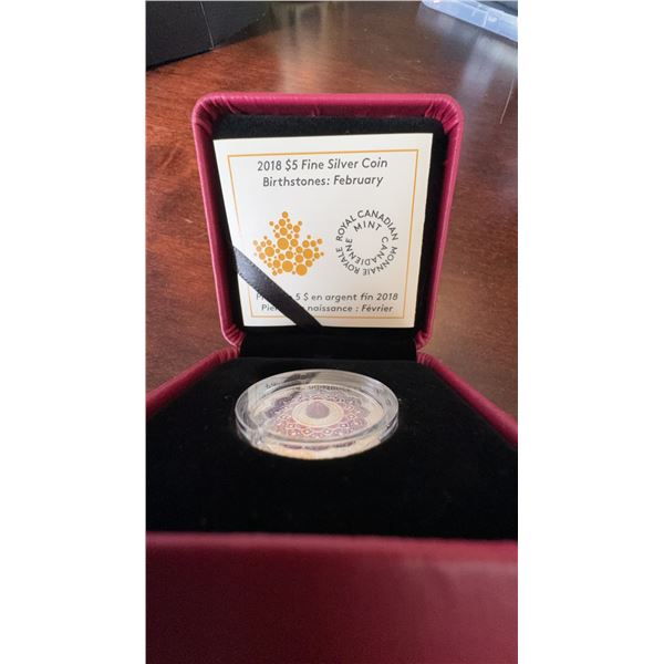 2018 $5 Fine Silver Coin Birthstones: February Royal Canadian Mint, Swarovski Amethyst