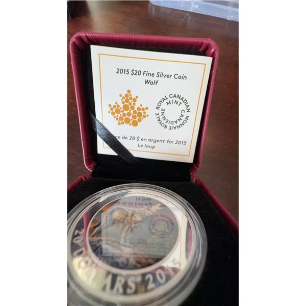 2015 Royal Canadian Mint $20 Fine Silver Coin Wolf, 99.99% Pure, 31.39g, Box & COA