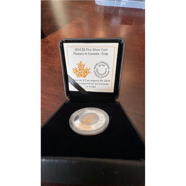 2014 Royal Canadian Mint $5 Fine Silver Coin Flowers in Canada Tulip with Case