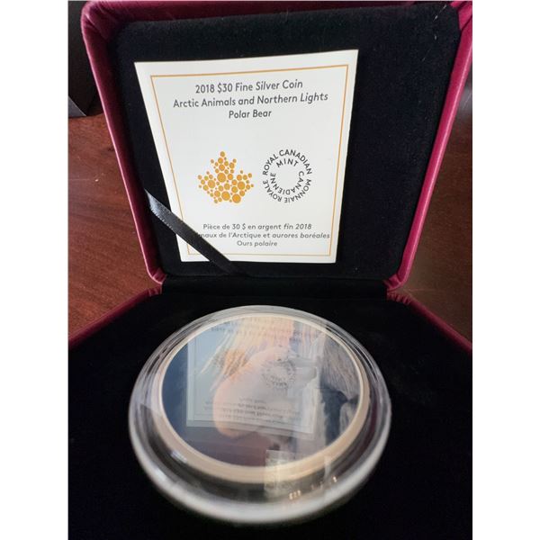 2018 $30 Fine Silver Coin Arctic Animals and Northern Lights Polar Bear 62.69g