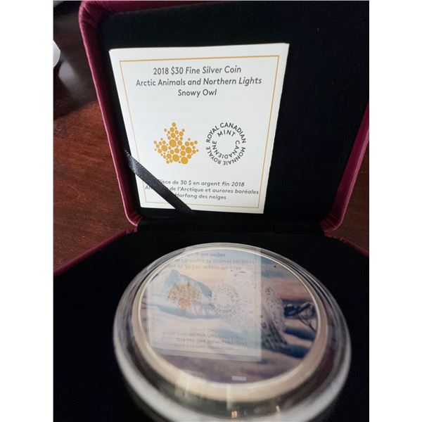 2018 $30 Fine Silver Coin Arctic Animals Northern Lights Snowy Owl 50mm 62.69g