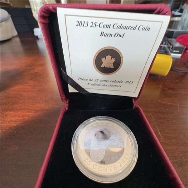 2013 Canada 25-Cent Coloured Coin Barn Owl, Mintage 17500, Cupro-nickel, Boxed