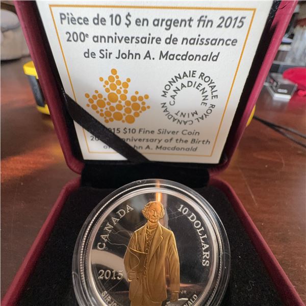 2015 $10 Fine Silver Coin 200th Anniversary Sir John A. Macdonald Gold-Plated RCM