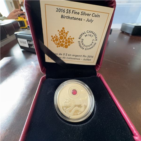 2016 $5 Fine Silver Coin with Swarovski July Birthstone, Royal Canadian Mint