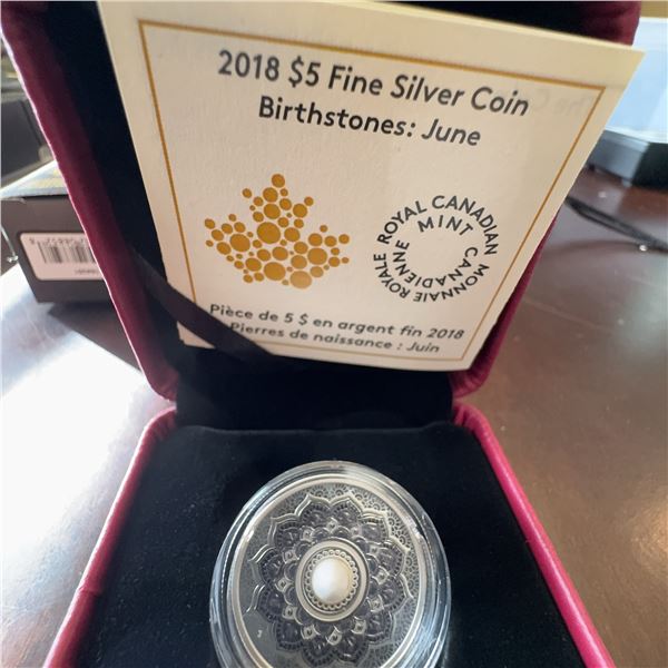 2018 $5 Fine Silver Coin Birthstones June Royal Canadian Mint with Pearl in Case