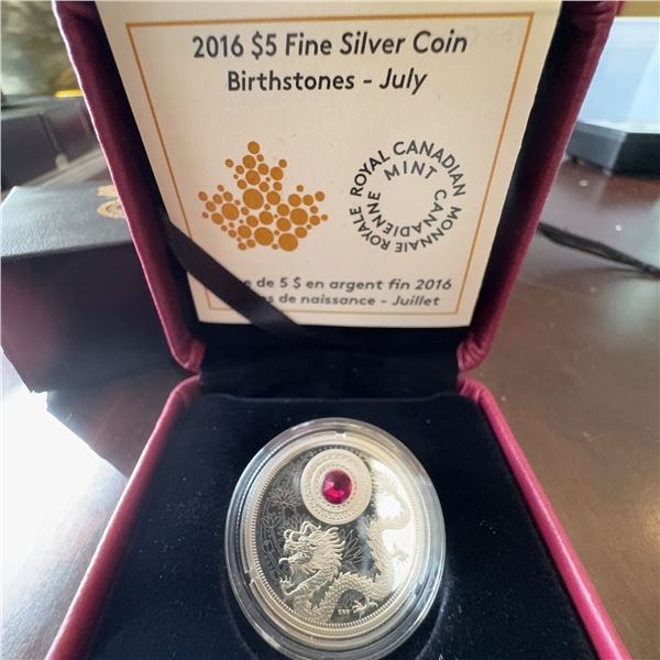 2016 $5 Fine Silver Coin Royal Canadian Mint Birthstones July Dragon w/ Swarovski Ruby