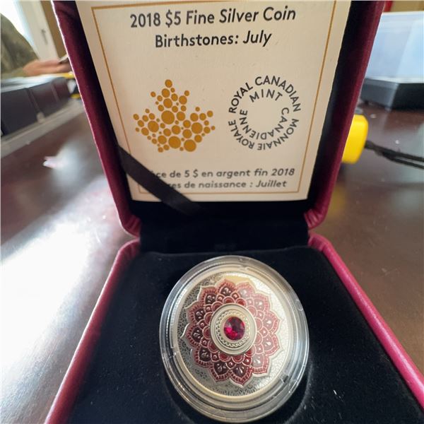 2018 $5 Fine Silver Coin July Birthstone Royal Canadian Mint w/Swarovski Crystal