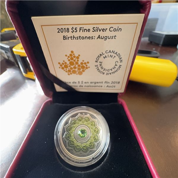 2018 $5 Fine Silver Coin August Birthstone Royal Canadian Mint 27mm, 7.96g