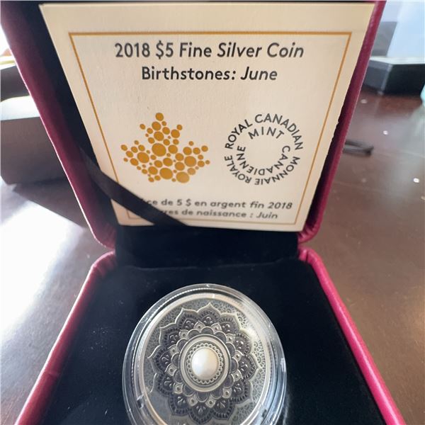 2018 $5 Fine Silver Coin Royal Canadian Mint Birthstones June with Pearl 27mm 7.96g