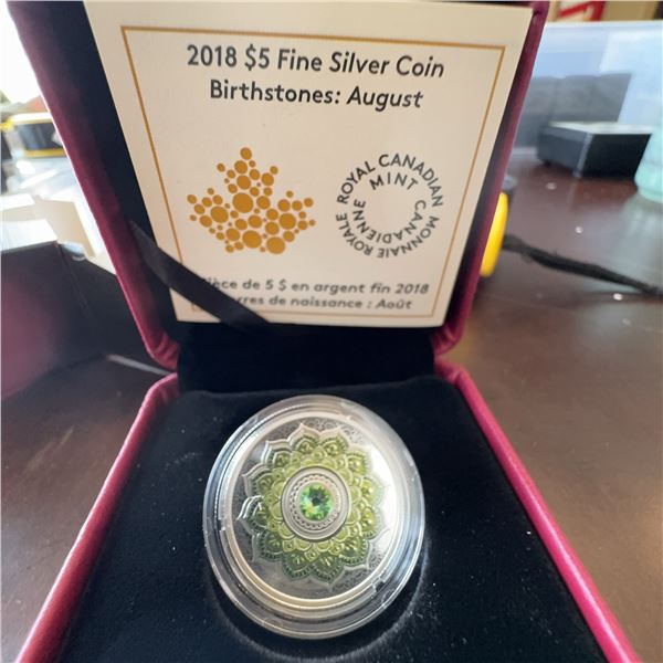 2018 $5 Fine Silver Coin August Birthstone Royal Canadian Mint with Case