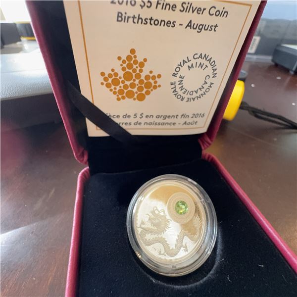 2016 $5 Fine Silver Coin Birthstones August Dragon Royal Canadian Mint w/ Case