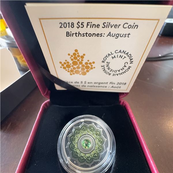 2018 $5 Fine Silver Coin Royal Canadian Mint Birthstone August Peridot in Case