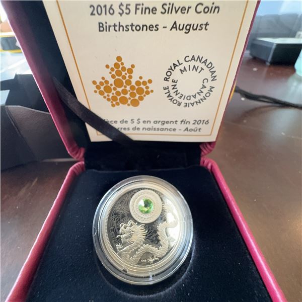 2016 $5 Fine Silver Coin Royal Canadian Mint Birthstones August Dragon Peridot