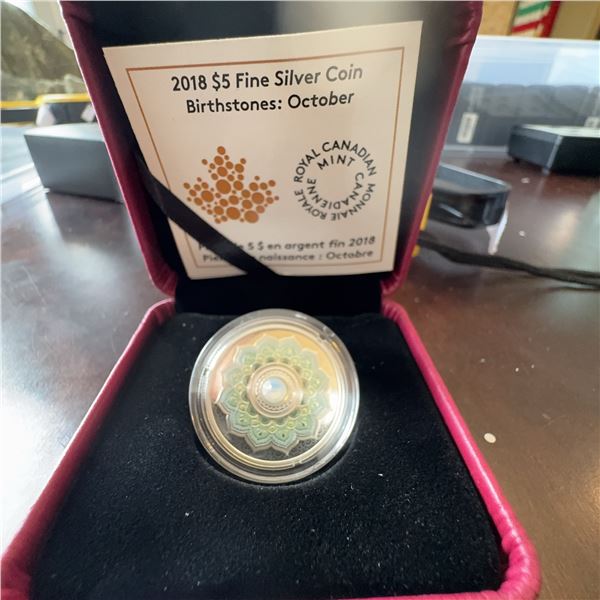 2018 Royal Canadian Mint $5 Fine Silver Coin Birthstones: October with Crystal