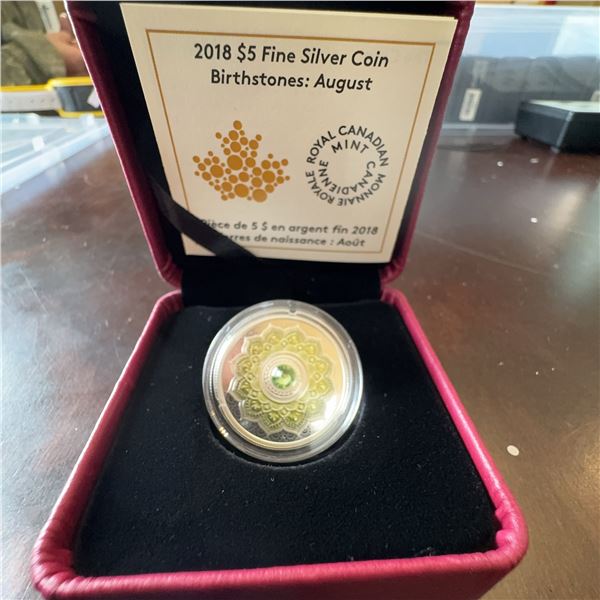 2018 $5 Fine Silver Coin Birthstones August Royal Canadian Mint W/Box COA