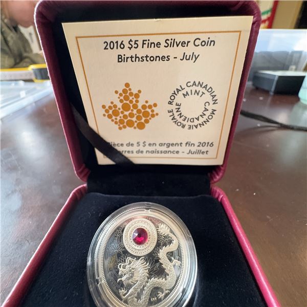 2016 $5 Fine Silver Coin Royal Canadian Mint Birthstones July Ruby, 7.96g, Boxed