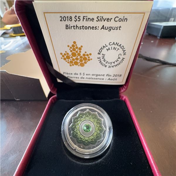 2018 $5 Fine Silver Coin Birthstones August Royal Canadian Mint Swarovski