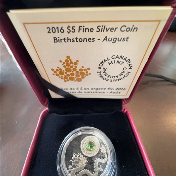 2016 $5 Fine Silver Royal Canadian Mint Birthstones Coin - August Edition with Peridot