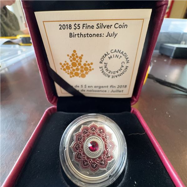 2018 $5 Fine Silver Coin July Birthstones Royal Canadian Mint Swarovski Ruby