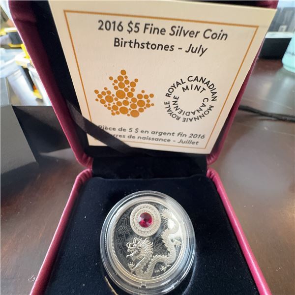 2016 $5 Fine Silver Birthstone Coin July Ruby Royal Canadian Mint in Box