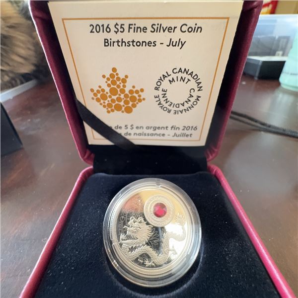 2016 $5 Fine Silver Coin Birthstones July Royal Canadian Mint With Swarovski Crystal