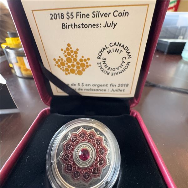 2018 $5 Fine Silver Coin Birthstones July Royal Canadian Mint Swarovski Ruby