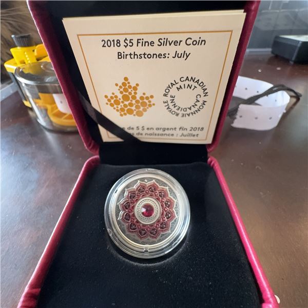 2018 $5 Fine Silver Coin Birthstones July Royal Canadian Mint with Swarovski Crystal