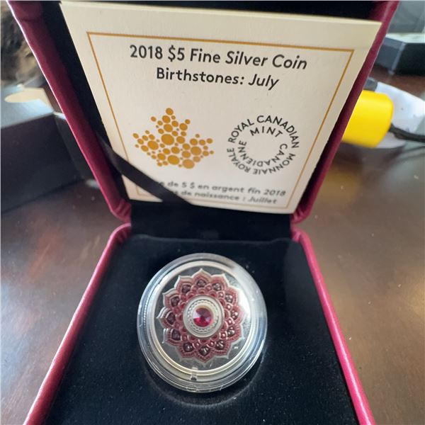 2018 $5 Fine Silver Coin Birthstones July RCM Mandala Swarovski Ruby