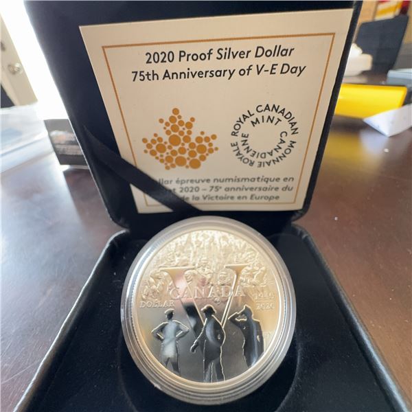 2020 Royal Canadian Mint VE Day Proof Silver Dollar 99.99% 75th Anniversary Coin Boxed