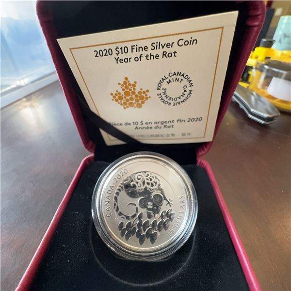 2020 $10 Fine Silver Coin Royal Canadian Mint Year of the Rat with Case